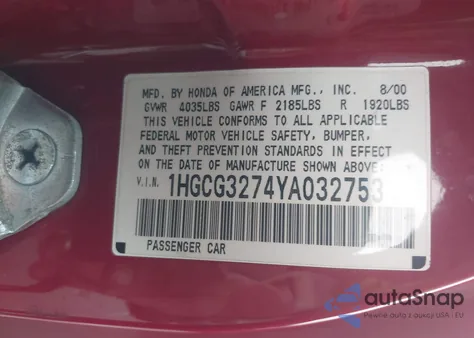 2000 Honda Accord 2.3 Ex from USA, damaged, VIN 1HGCG3274YA032753